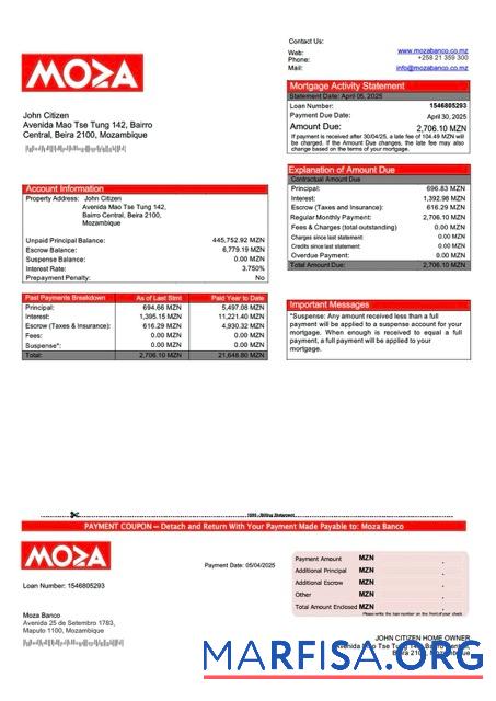 Printable Mozambique Moza Banco mortgage statement Word and PDF template